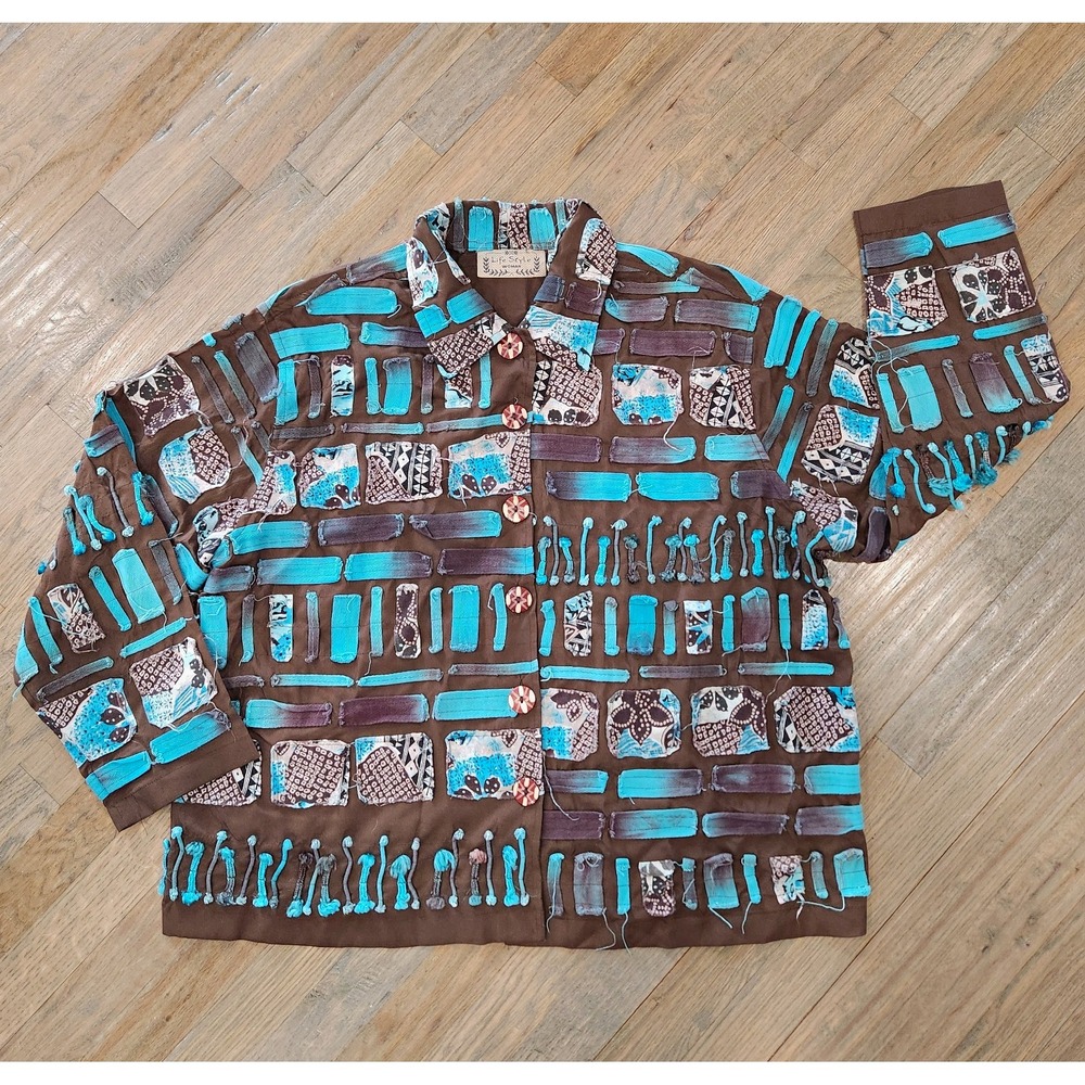 Life Style Women 2X Brown Blue Geometric Artist Boho Button Up Collar Top Jacket